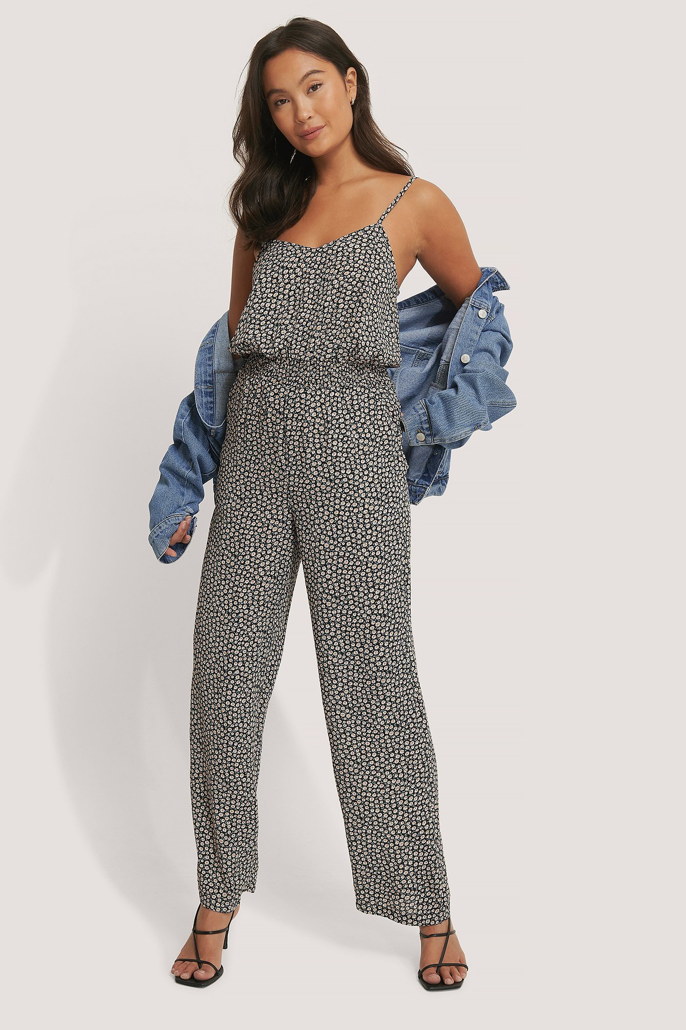 Smocked Printed Jumpsuit Outfit.