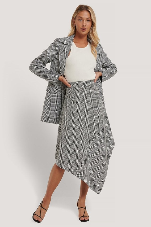 Asymmetric Houndtooth Skirt Outfit.