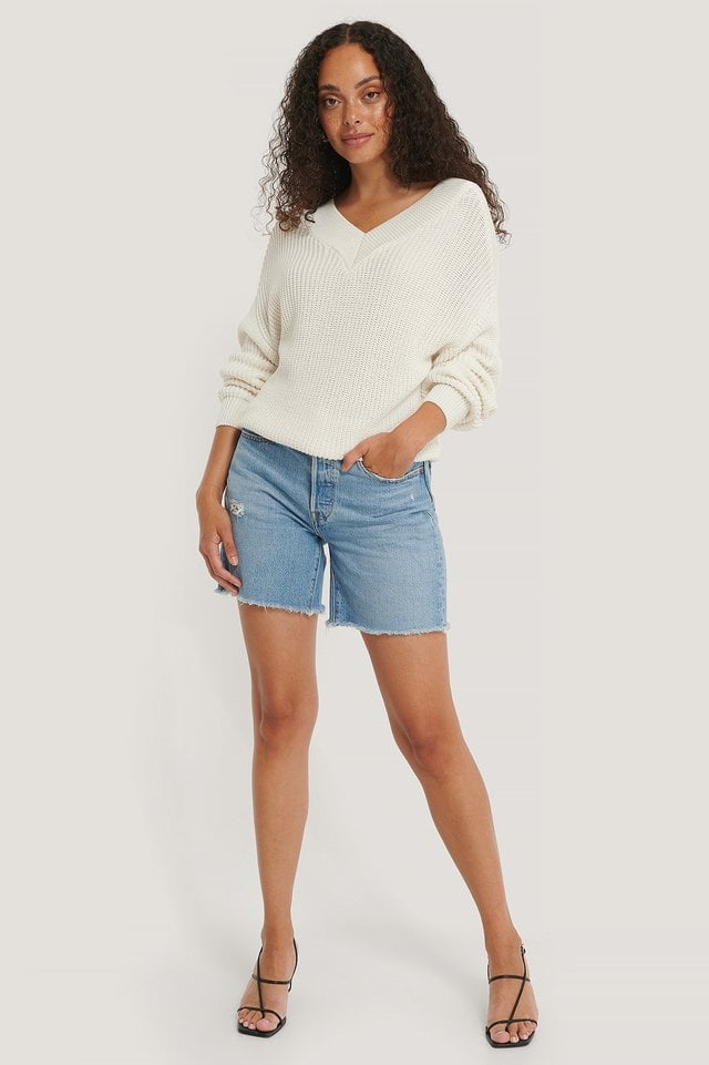Organic V-neck Rib Knitted Sweater Outfit.