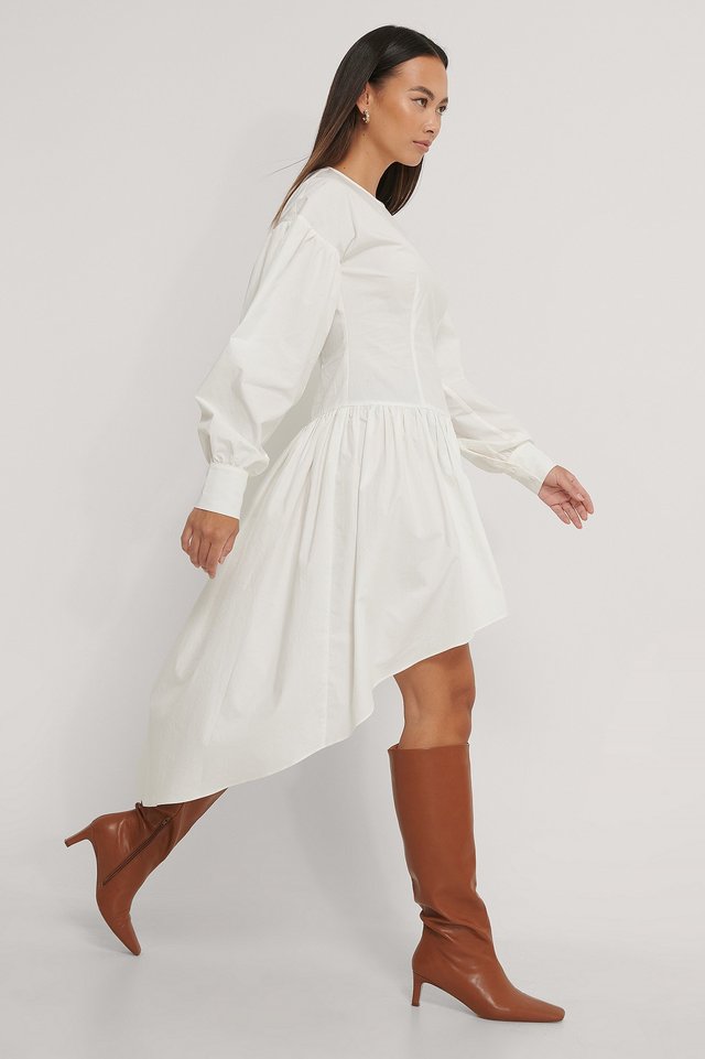 Long Sleeve Asymmetric Skirt Dress Outfit.
