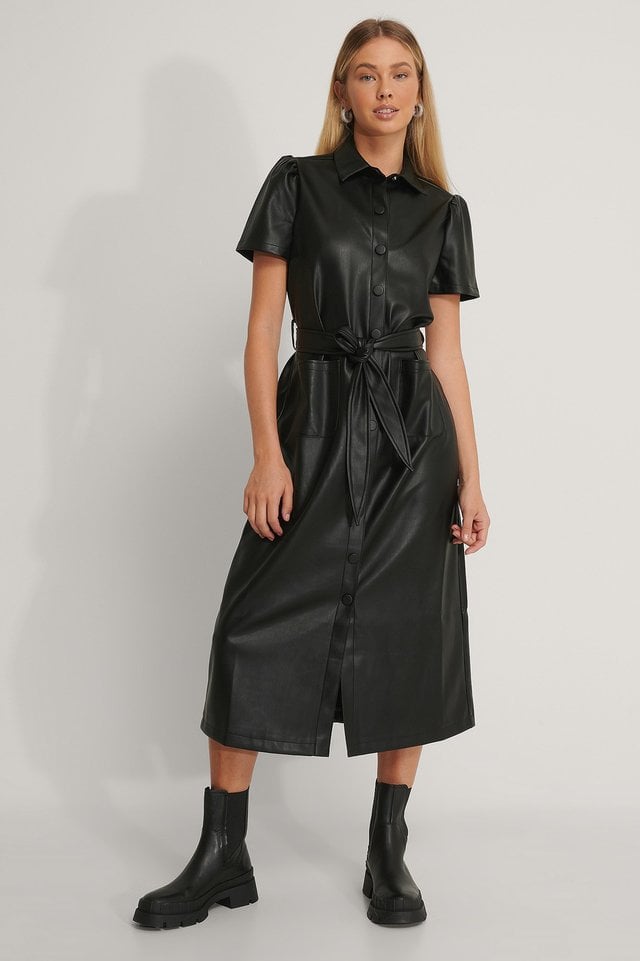 Vestido Camisero De Manga Corta Efecto Piel Negro | na-kd.com