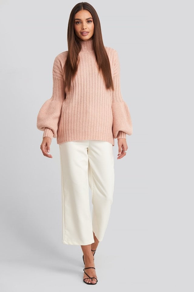 High Neck Puff Sleeve Knitted Sweater Outfit.