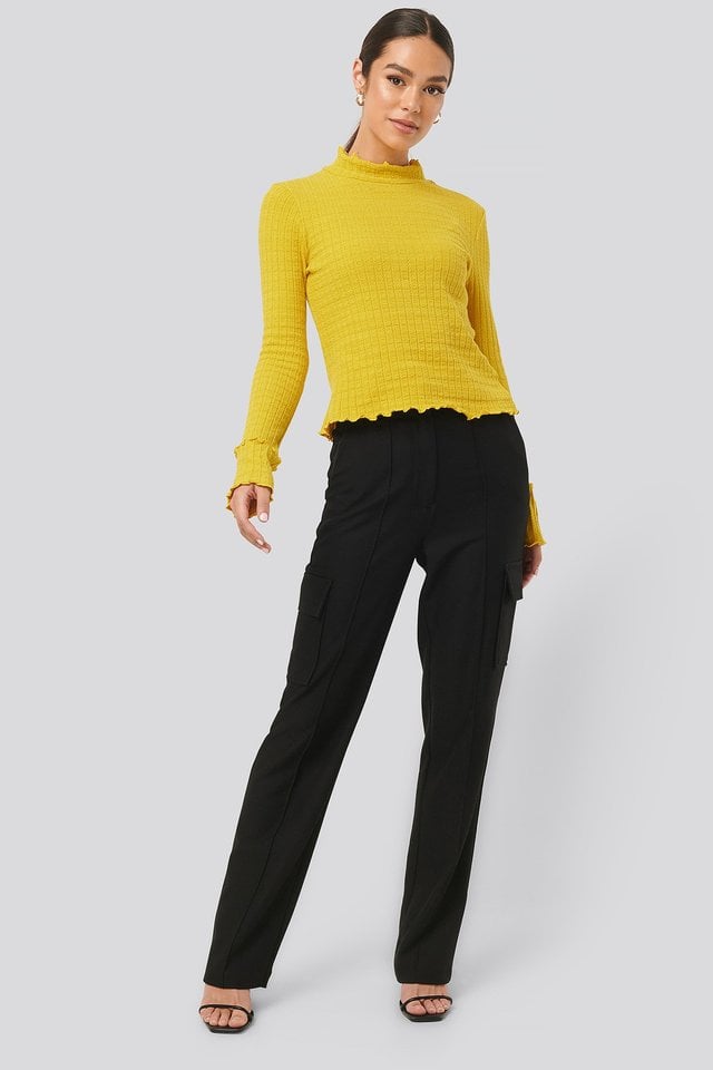 Frill End Ribbed Polo Sweater Outfit.
