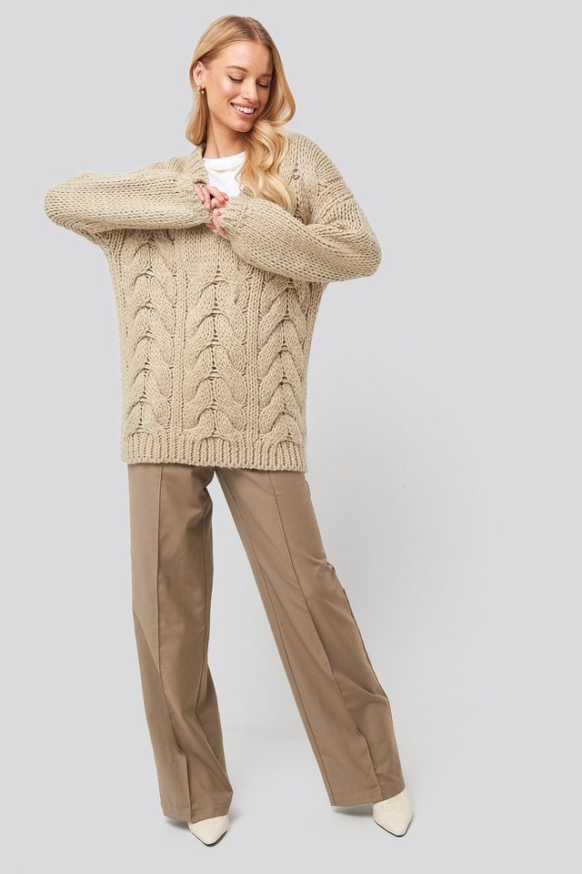 Wool Blend V-Neck Heavy Knitted Cable Sweater Outfit.