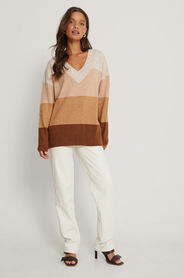 V-Neck Color Block Sweater Outfit.