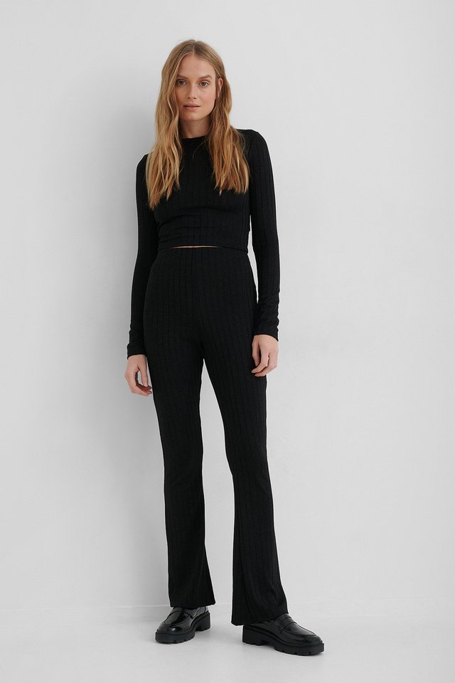 High Waist Ribbed Flare Pants Black 