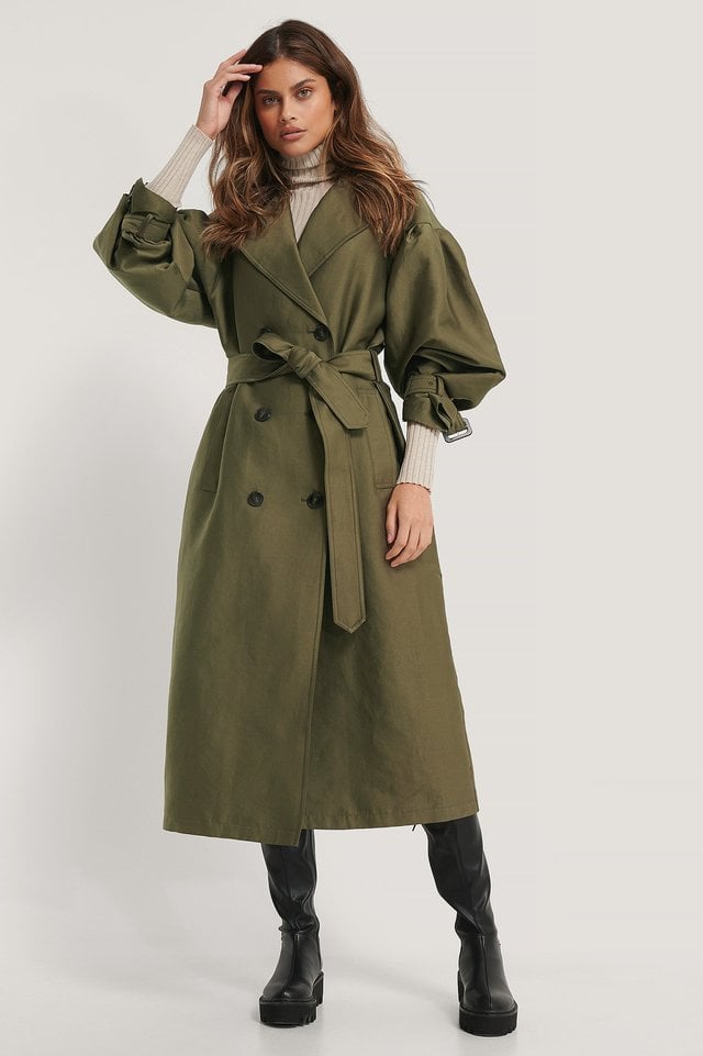 Ballon Sleeve Belted Trench Coat Green.