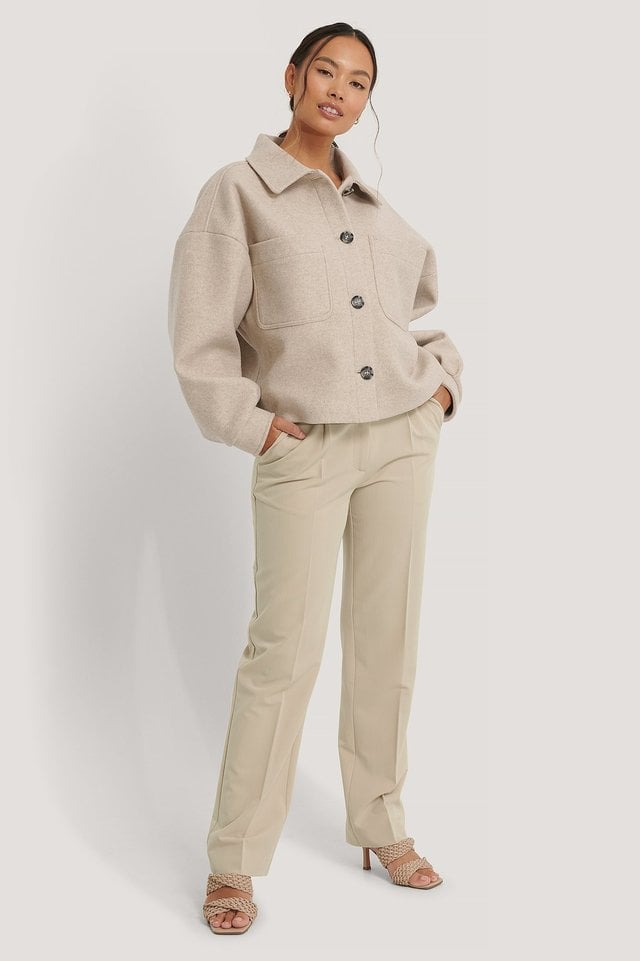 Wool Blend Oversized Short Jacket Beige.