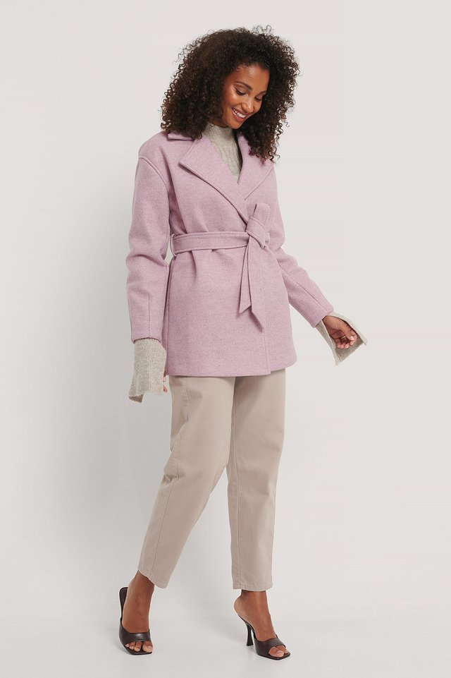Wool Blend Belted Short Coat Pink | na 