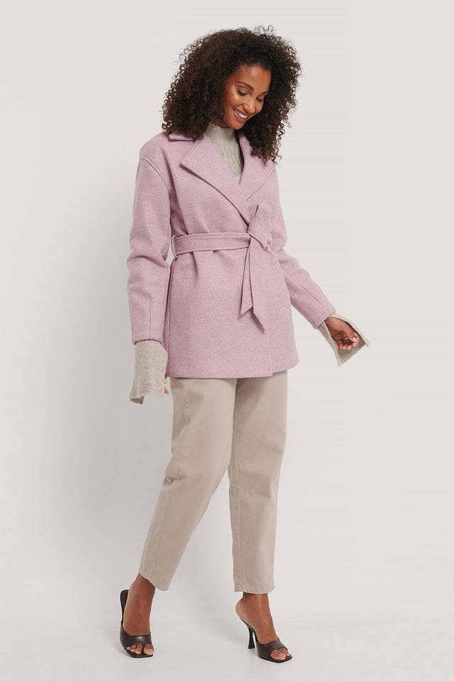 Wool Blend Belted Short Coat Pink.