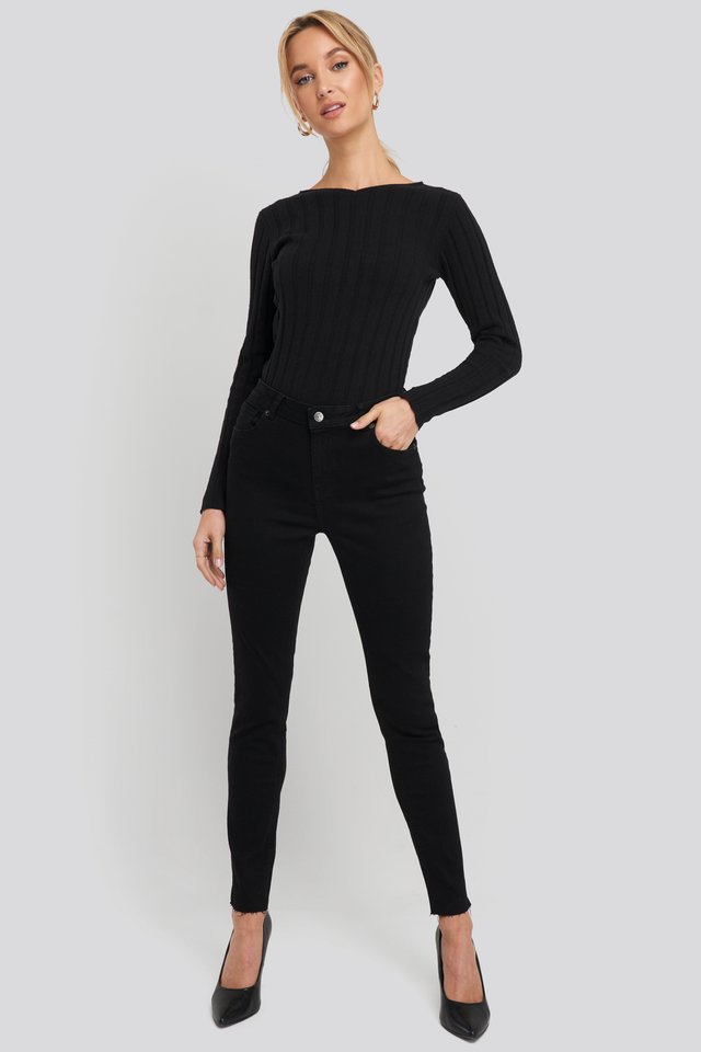 Recycled V- Shape Boat Neck Ribbed Sweater Outfit.