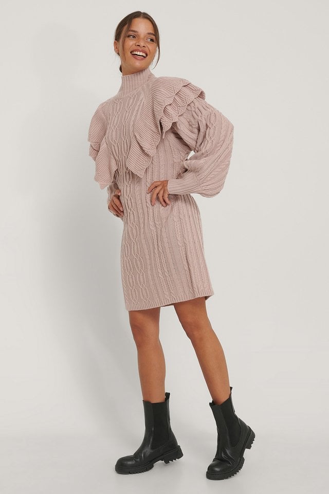 Volume Flounce Knitted Dress Outfit.