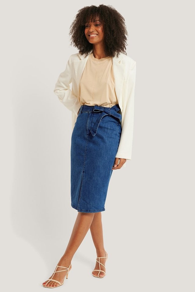 Belted Midi Denim Skirt Outfit.