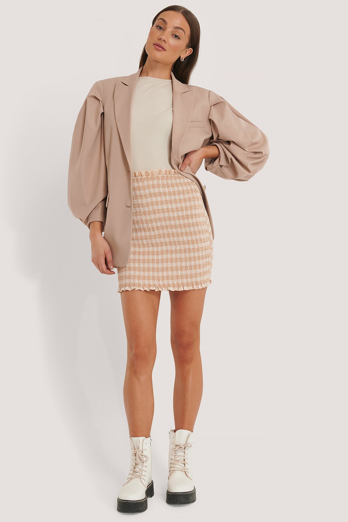 Smocked Plaid Mini Skirt Outfit.