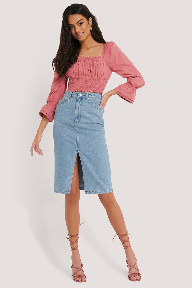 Front Split Midi Denim Skirt Blue | na 