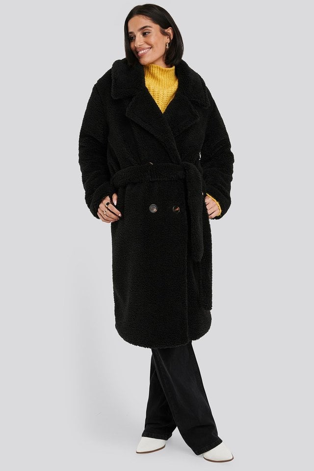 Belted Long Teddy Coat Black.
