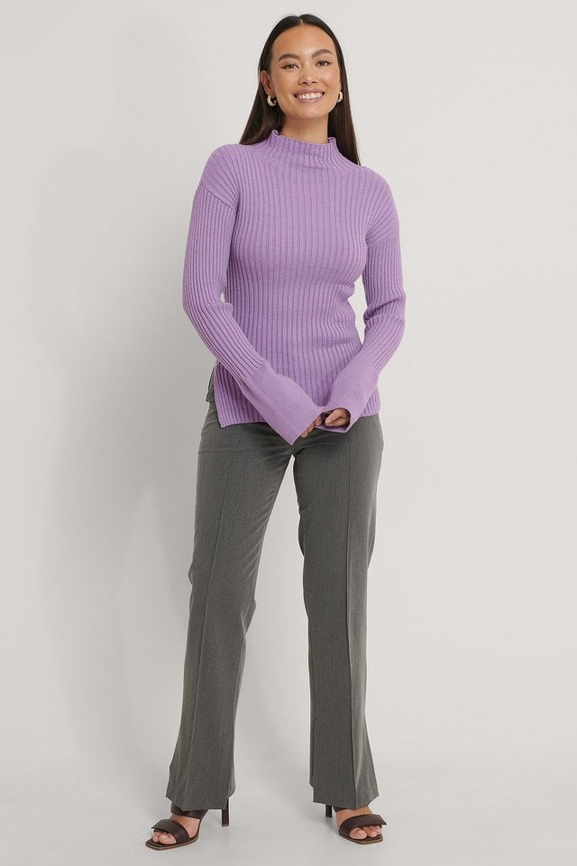Side Slit Ribbed Knitted Sweater Outfit.