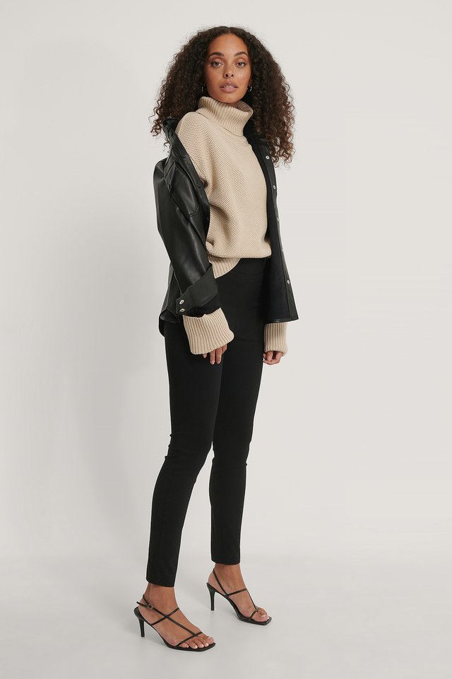 Folded High Neck Knitted Sweater Beige