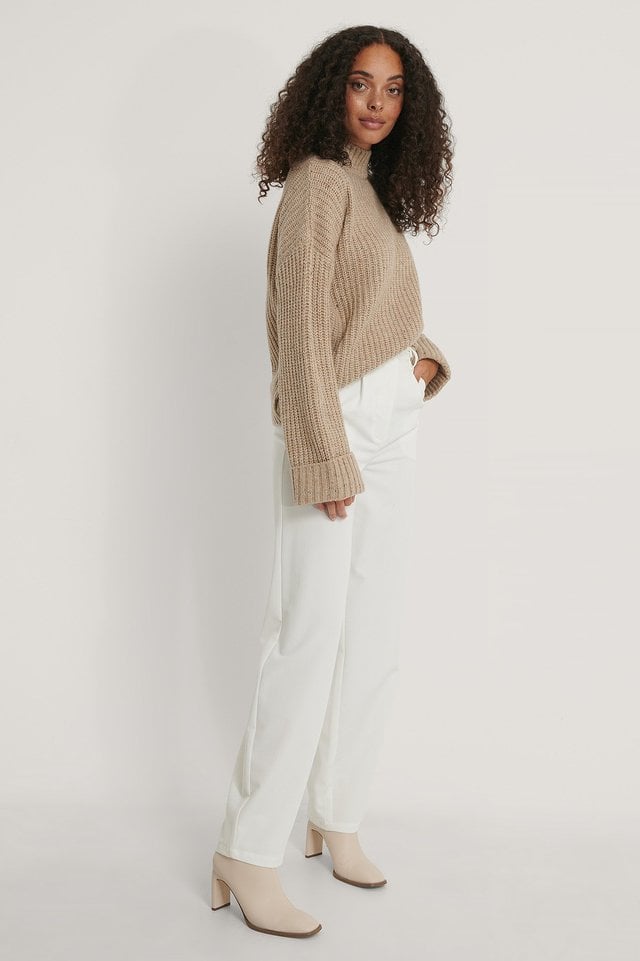 Folded Sleeve High Neck Knit Sweater Outfit.