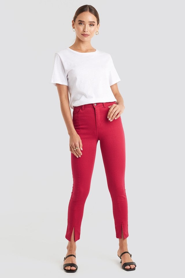 Highwaist Skinny Front Slit Jeans Red.