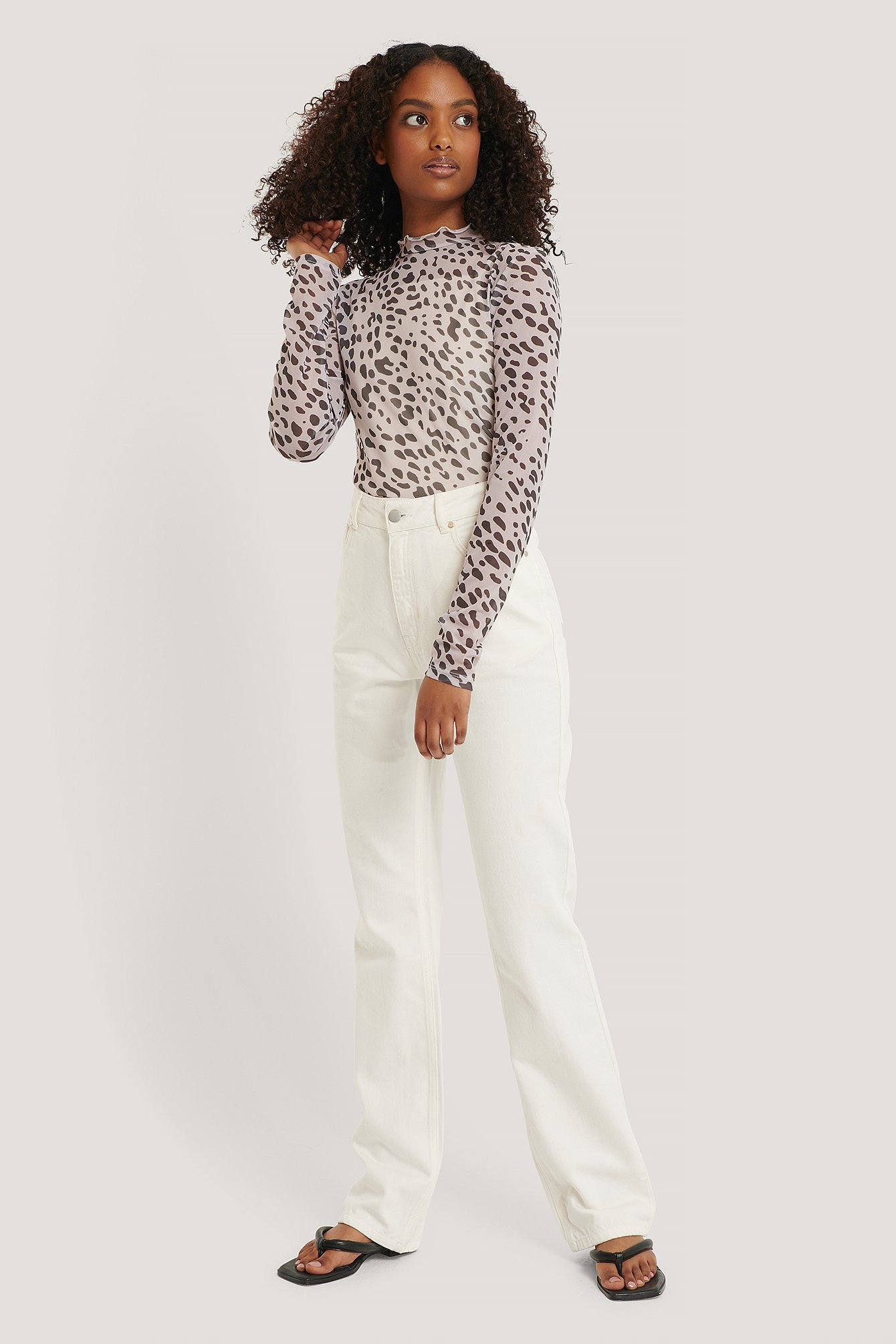 Printed Mesh Polo Top Outfit.
