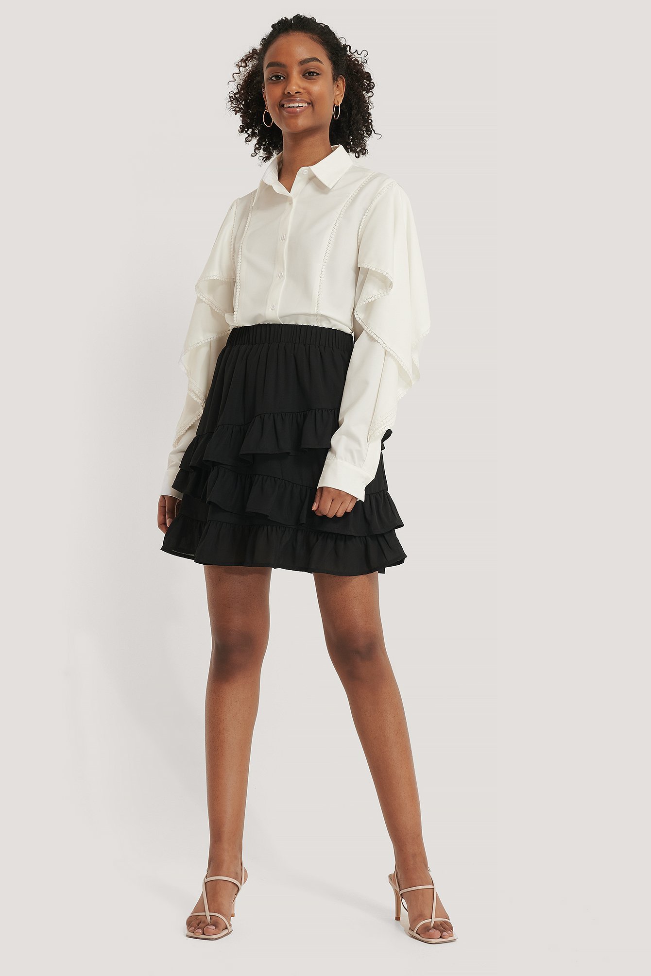Flounce Panel Mini Skirt Outfit.