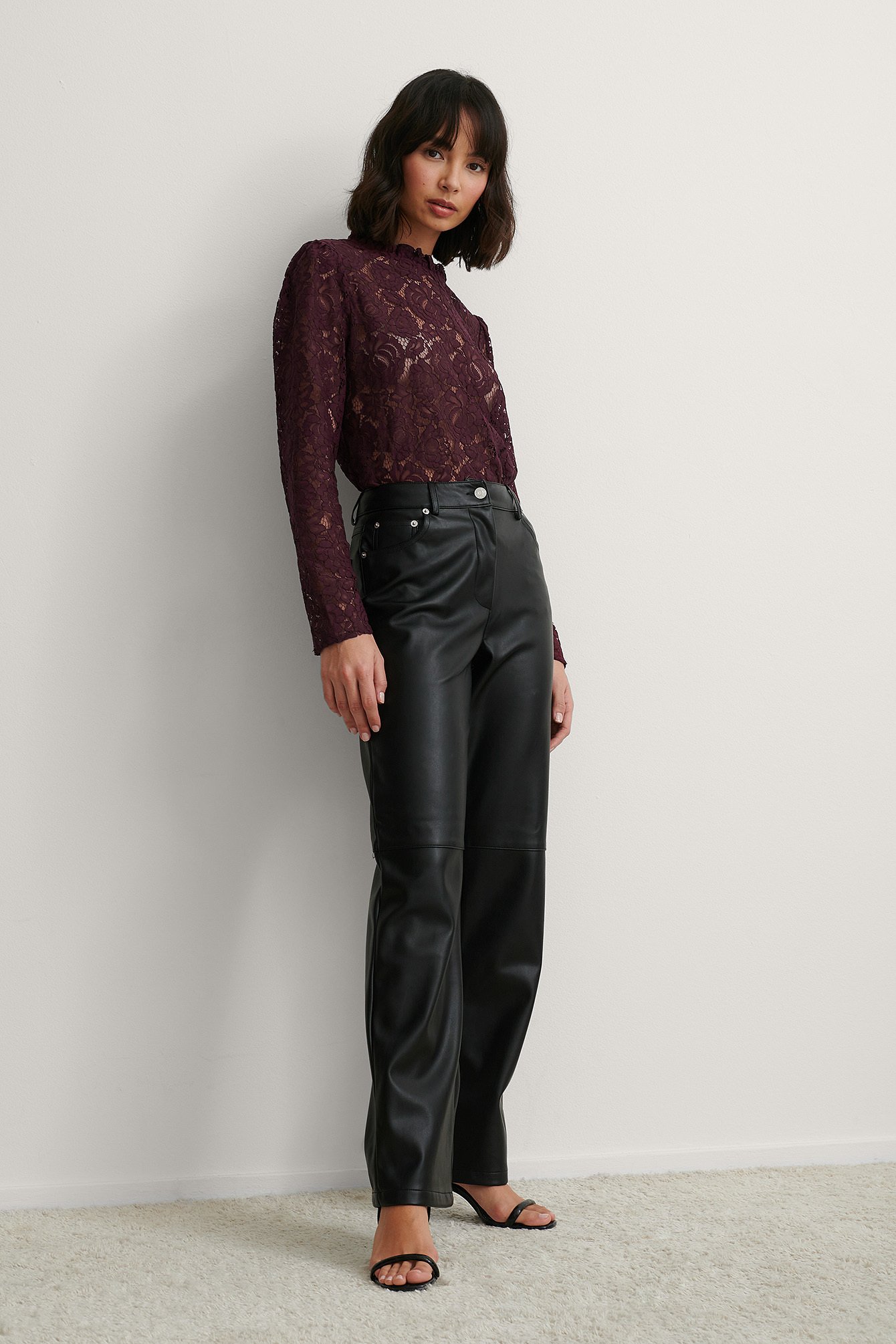 Burgundy High Neck Frill Lace Blouse