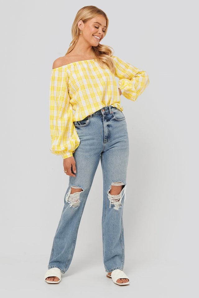 Off Shoulder Structure Check Blouse Outfit.