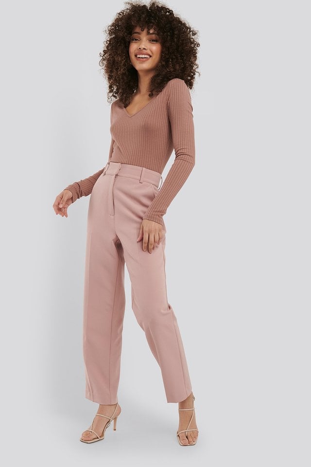 Ribbed Long Sleeve V-Neck Top Pink | na 