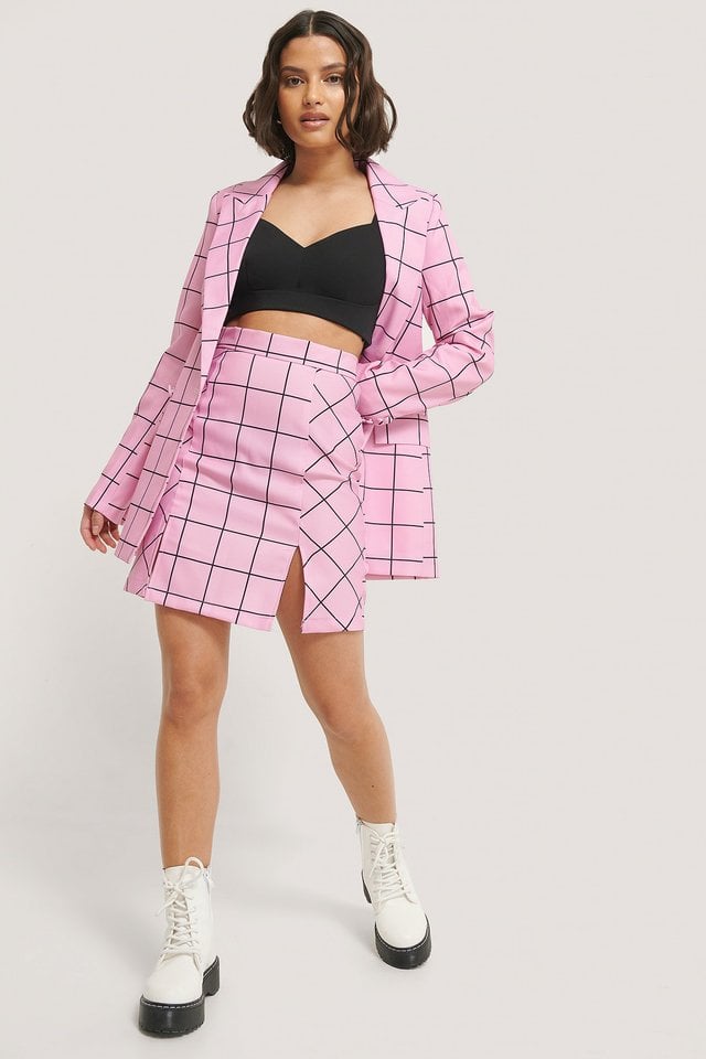 Pink Check Side Slit Mini Skirt
