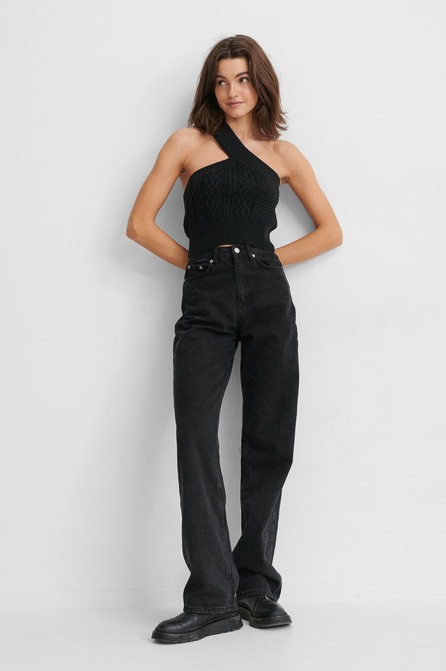 Black Organic One Shoulder Cable Knit Top