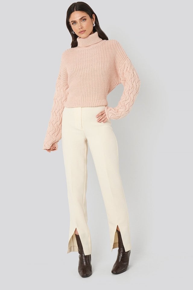Cable Sleeve High Neck Sweater Outfit.