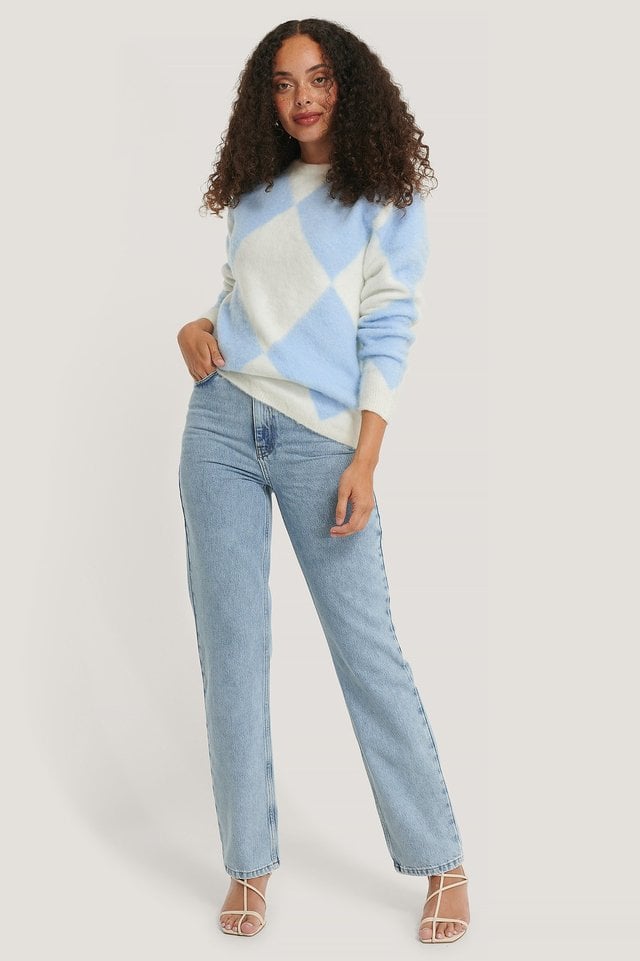 Blue/White Checked Brushed Knitted Sweater