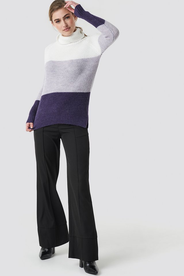 Color Blocked High Neck Sweater Outfit.