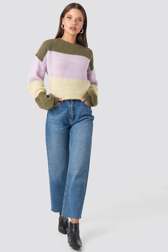 Color Striped Balloon Sleeve Knitted Sweater Outfit.