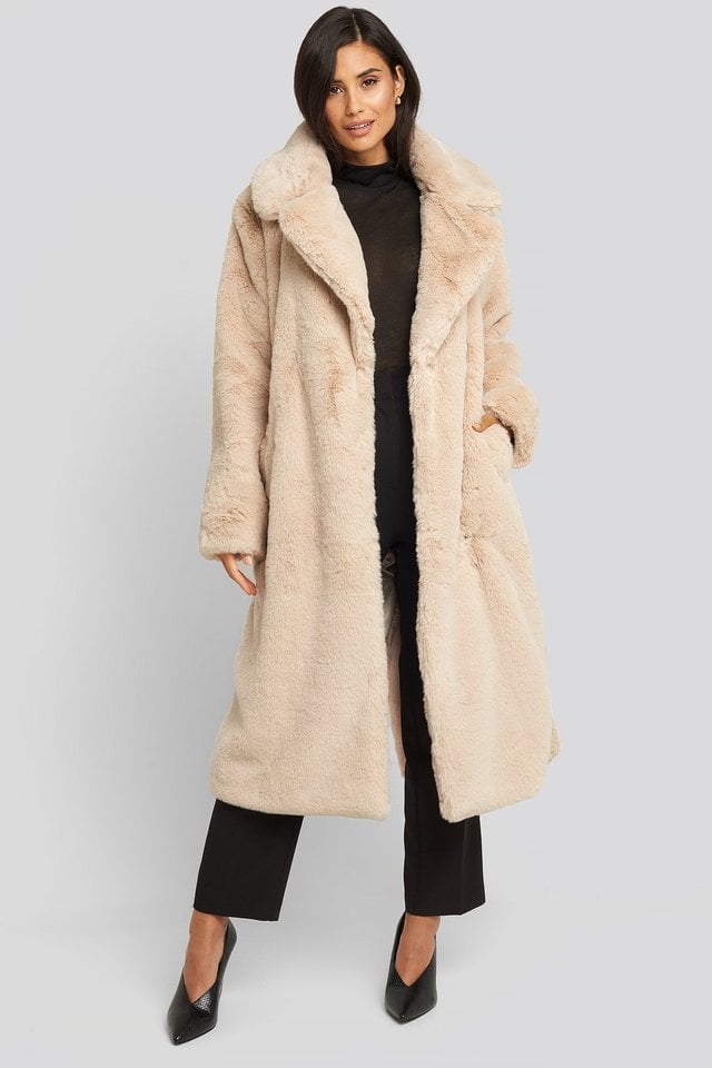 Soft Faux Fur Long Coat Beige Outfit.