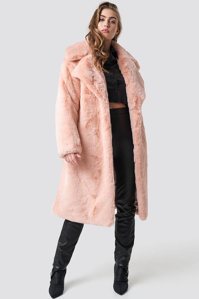 Belted Faux Fur Midi Coat Pink Outfit.