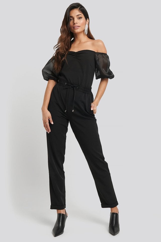 Off Shoulder Organza Sleeve Top Outfit.