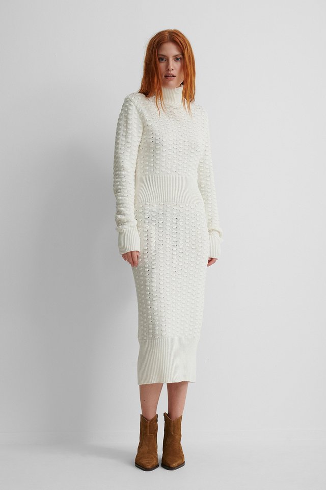 Offwhite High Neck Knitted Dress
