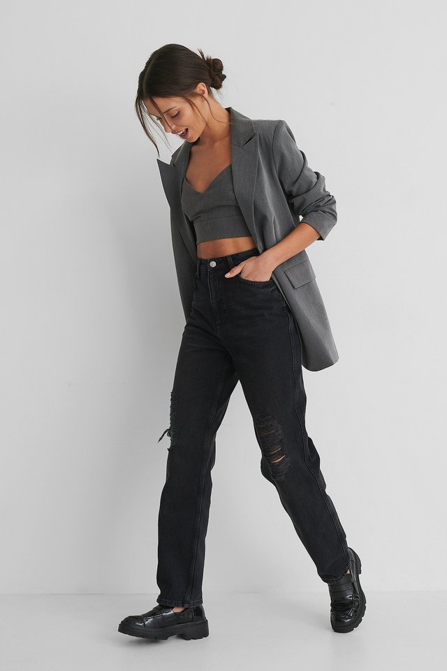 Destroyed Straight Fit High Waist Jeans Black Outfit.