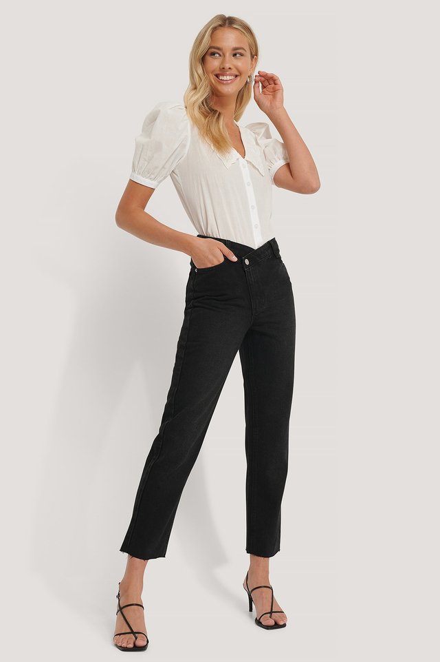 High Waist Asymmetric Closure Straight Jeans Black Outfit.