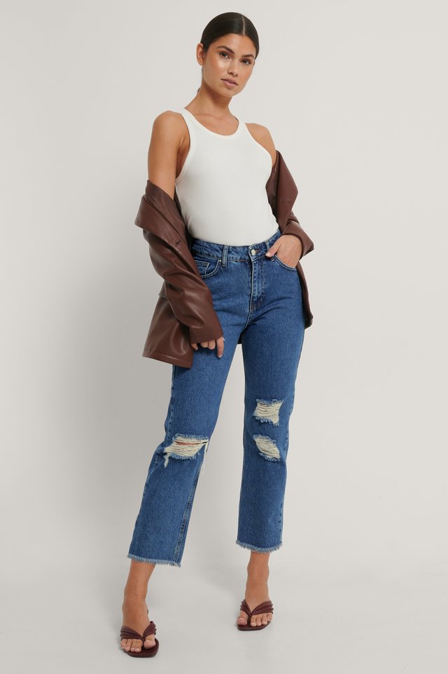 Straight Destroyed Fringed Hem Jeans Blue Outfit.