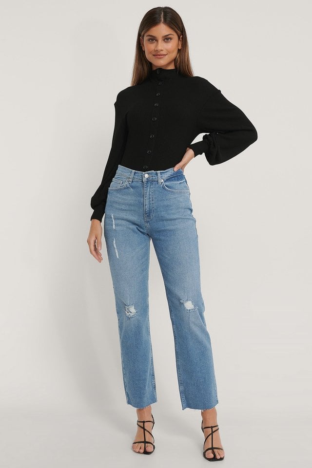 Organic High Waist Straight Destroyed Jeans Blue Outfit.