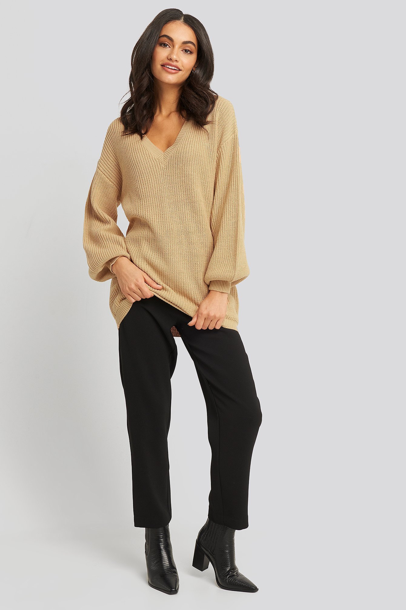 Deep V Front Long Knitted Sweater Outfit.