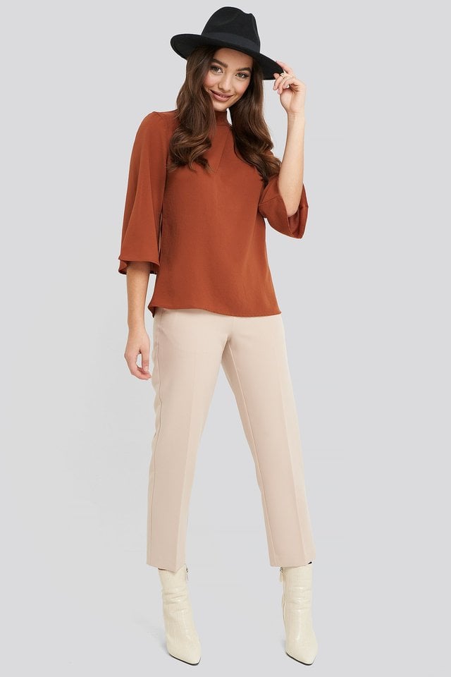 High Neck Wide Sleeve Blouse Outfit.