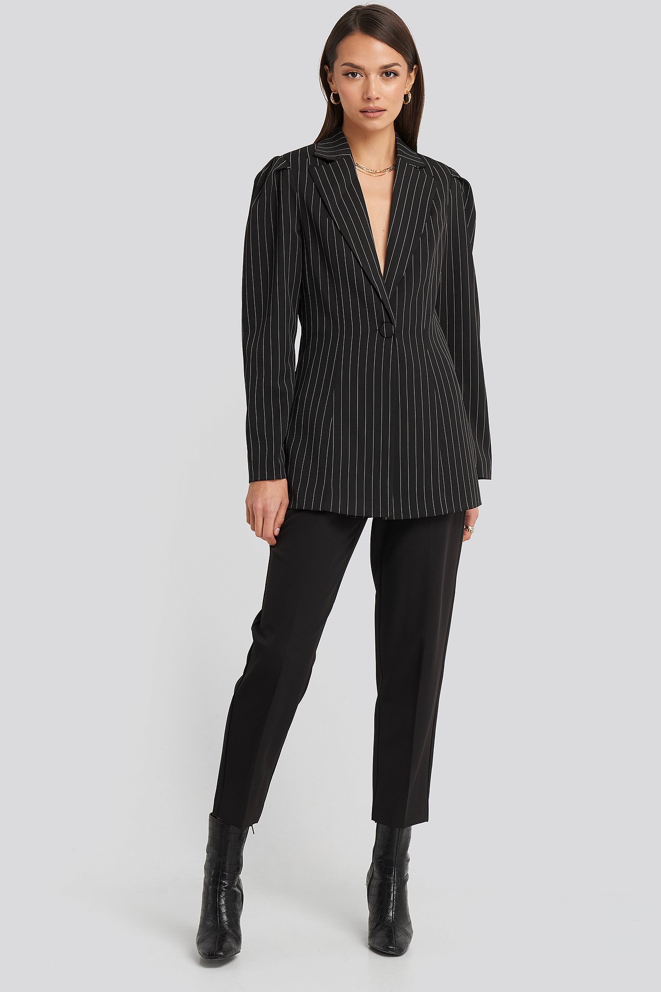 Pinstriped Puff Shoulder Blazer Outfit.