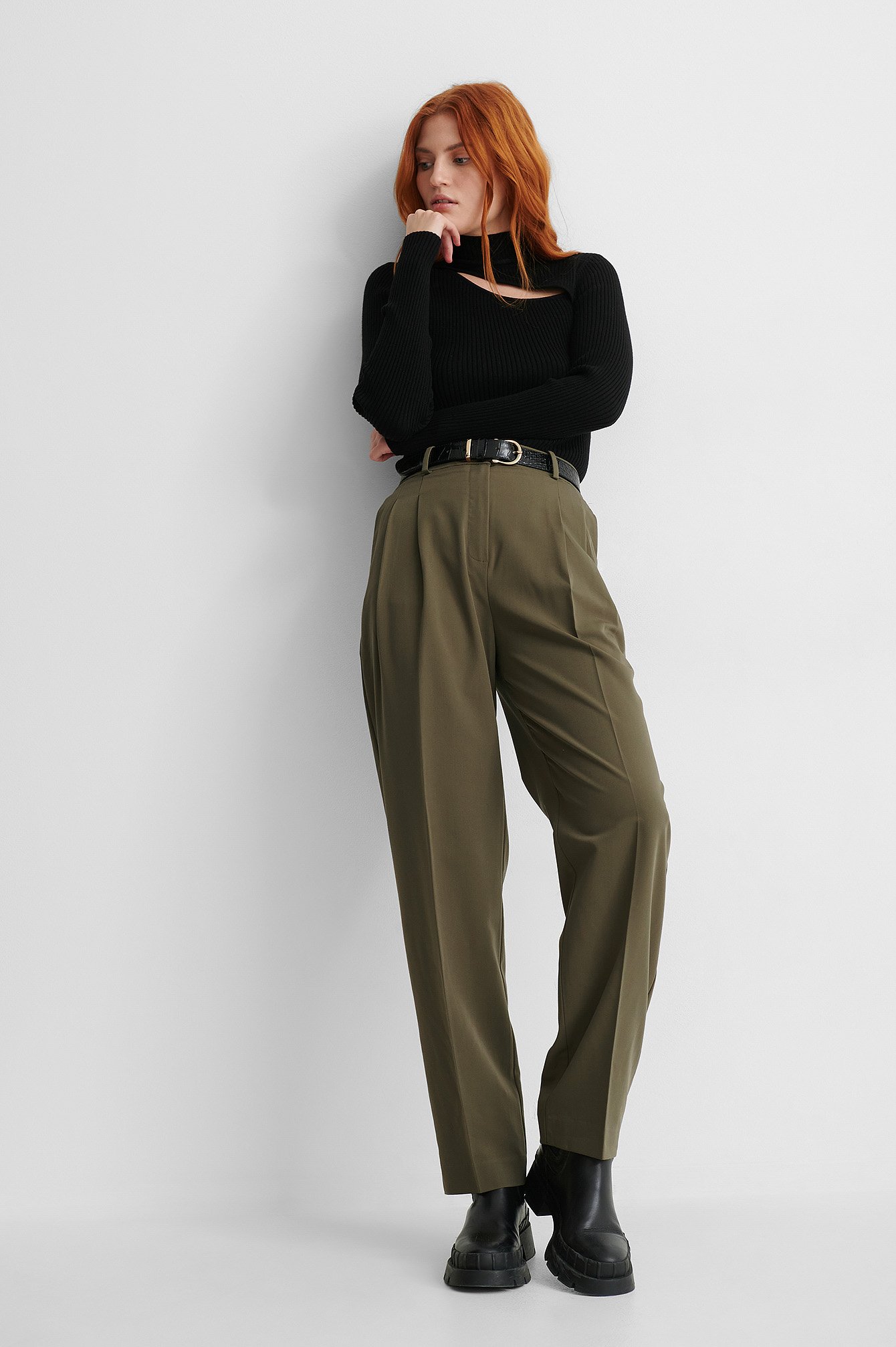 Bukser Med Høyt Liv Khaki | na-kd.com