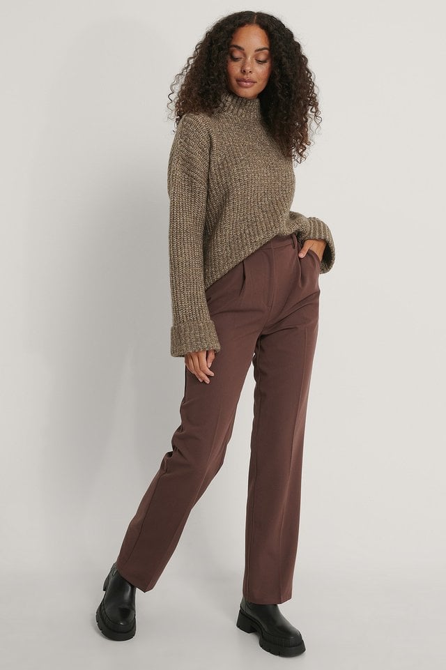 Folded Sleeve High Neck Knit Sweater Outfit.