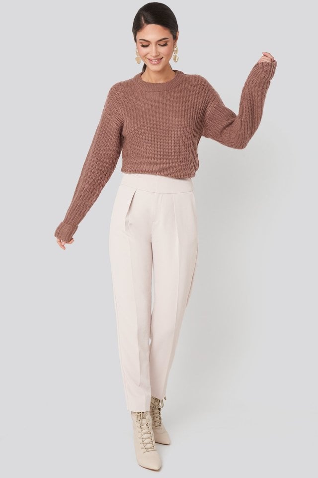 Folded Sleeve Round Neck Knitted Sweater Outfit.