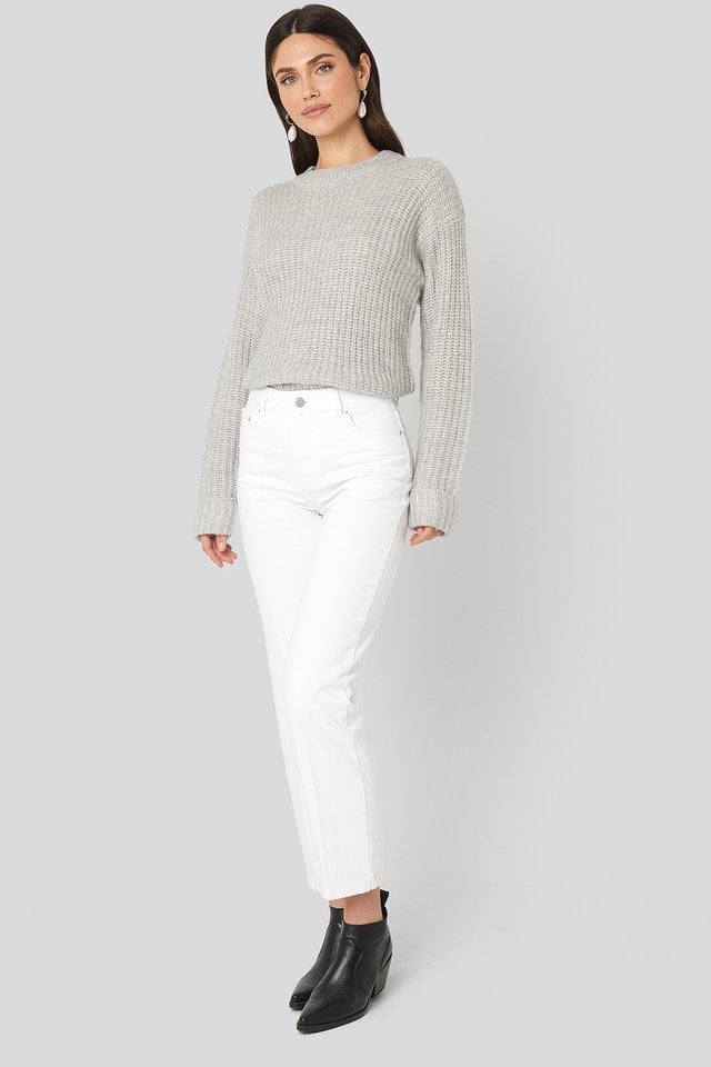 Folded Sleeve Round Neck Knitted Sweater Outfit.